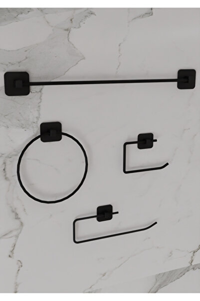 VİKİHOUSE Μαύρο τετράγωνο μακρύ κρεμάστρα για πετσέτες Δαχτυλίδι για πετσέτες Ρολό θήκη για πετσέτες και θήκη για χαρτί υγείας Σετ 4 τεμαχίων Σετ μπάνιου