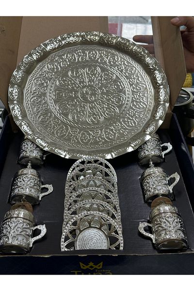 LeesHome Silver Ottoman Patterned Turkish Coffee Cup Set Cup Set for 6 People