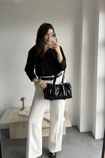 LEONAS Geantă baghetă vintage pentru femei cu șnur - Misha Black