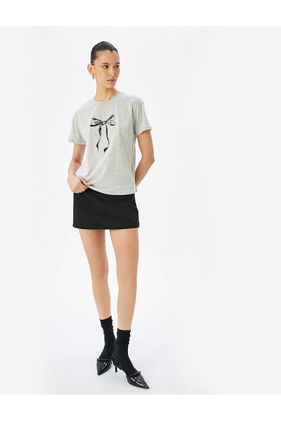 Koton Bow Printed Short Sleeve Crew Neck T-Shirt