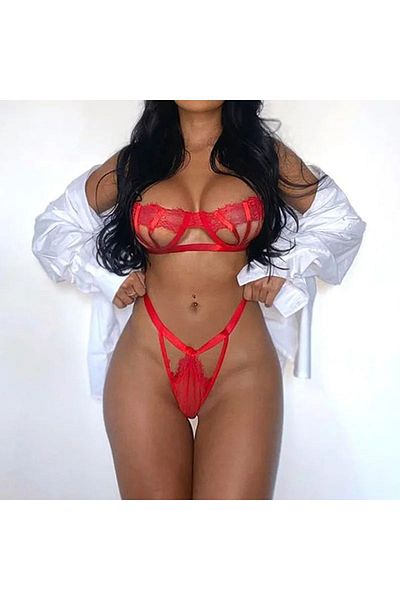 Jewel Fancy Red Sexy See-Through Underwire Lace Bra String Set
