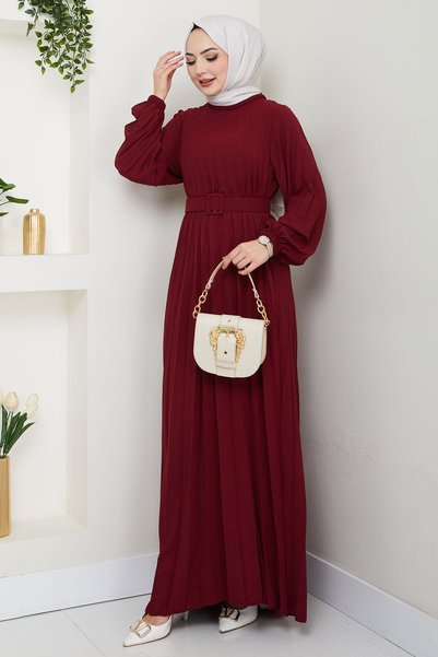 hafsamina Rochie Aerobin plisată cu curea, roșu claret HM2339