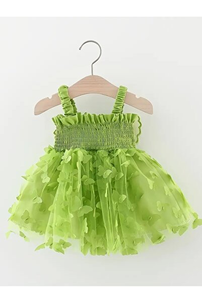 Modakido 3 Boyutlu Kelebeklerle Süslenmiş, Askılı, Yeşil Elbise. Yaz/İlkbahar Kız Çocuk/Kız Bebek
