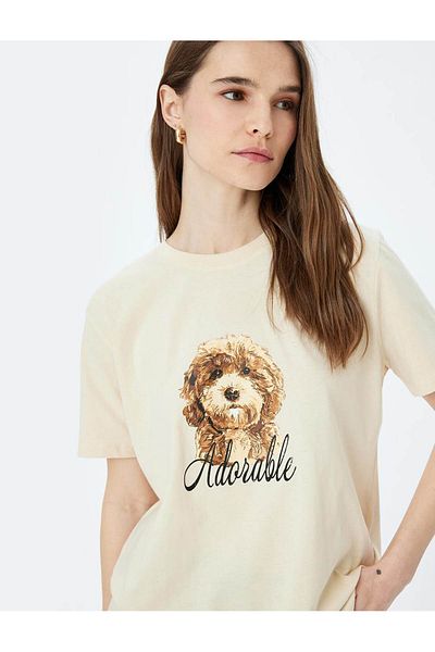 Koton Dog Printed Short Sleeve Crew Neck T-Shirt