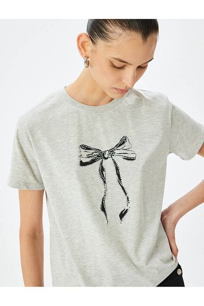 Koton Bow Printed Short Sleeve Crew Neck T-Shirt