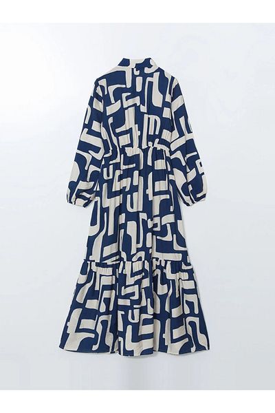 LC Waikiki Γυναικείο φόρεμα με σχέδιο LCW Modest Navy Blue πουκάμισο με γιακά
