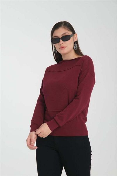 Moda Days Thin Fabric Women's Burgundy Openwork Boat Neck Knit Blouse