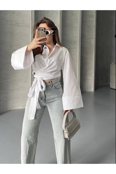 nura kadın trend yeni sezon önden baglamalı tesettüre uygun geniş kol gömlek ...