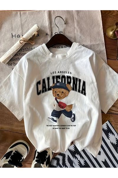 Sezon tekstil Casual T-Shirt με μεγάλο εμπριμέ αρκουδάκι για ενήλικες και εφήβους - Δίκλωνο