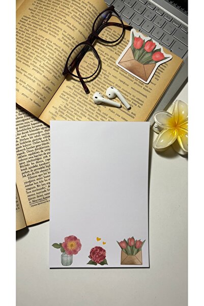 Handeto Kraft Pink Floral Print Notepad - A5 Notebook, Check Pluck Cut, Glue Block Notepad