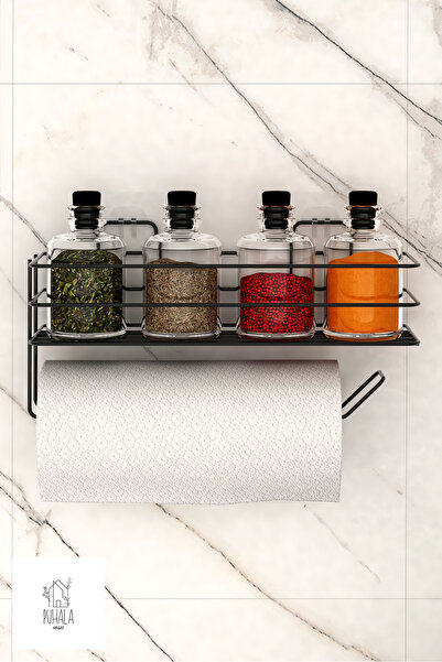 PUHALA HOUSE Yapışkanlı Raflı Kağıt Rulo Havluluk Peçetelik Havlu Kağıtlık Siyah Banyo Mutfak Düzenleyici Raf