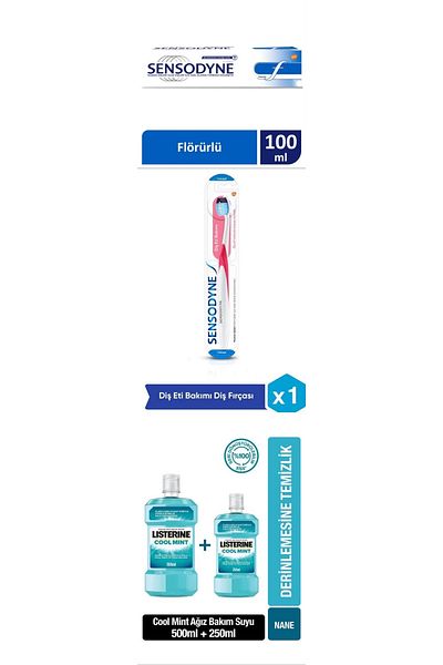 Sensodyne Set of 3 Sensodyne 100ml F + Gum Care Brush + Listerine Cool Mint Oral Care Water 500+250ml