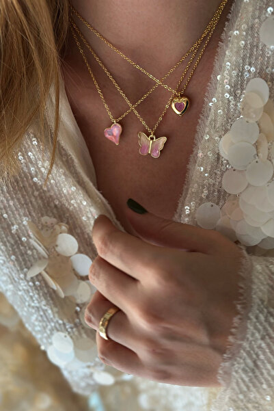 Trendy Butik Üçlü Gold Kelebek, Kalp Kolye Set