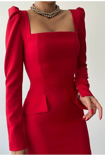 WOMAN VISION Red Atlas Mini Evening Dress - Square Neck, Princess Sleeve, Model No: 310