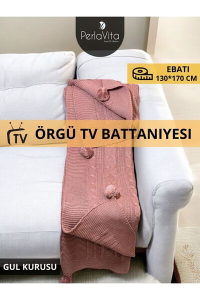 Perlavita Home Triko Gul kurusu Ponponlu Örgü Tv Battaniyesi 130x170 cm