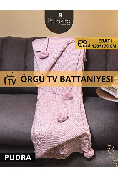 Perlavita Home Triko Pembe Ponponlu Örgü Tv Battaniyesi 130x170 cm