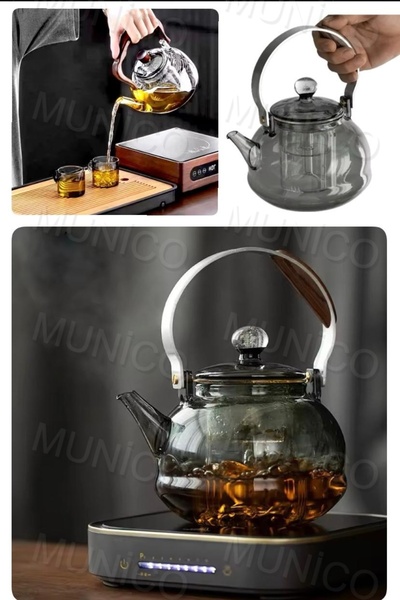 Munico Cam Çaydanlık Kaynar Su İçin Cam Su Isıtıcısı Masif Ahşap Saplı Çay De...