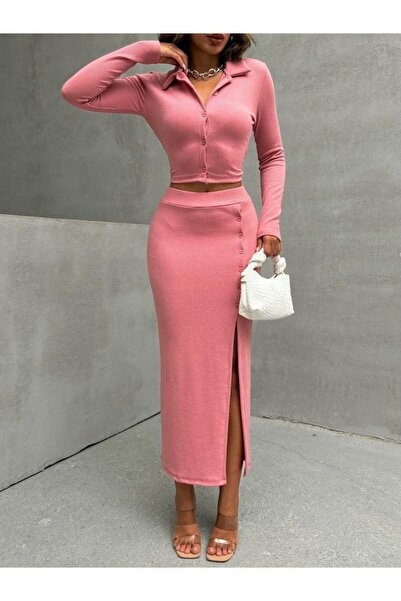 Jeevee Set de bluze și fuste din țesătură șifonată cu nasturi