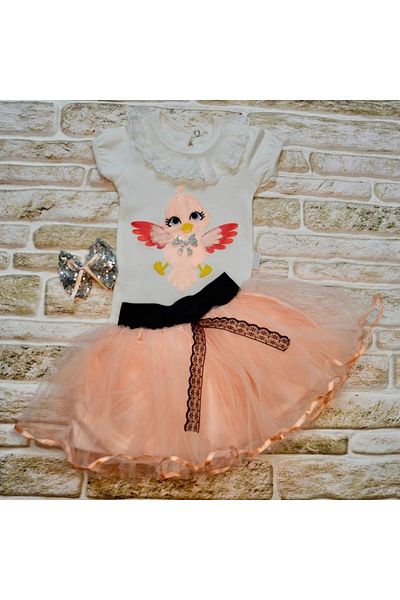 Ecenaz 9-12-18 Months Buckle Gift Bird Patterned T-Shirt Tutu Skirt 2-Piece Girl Baby Set Powder