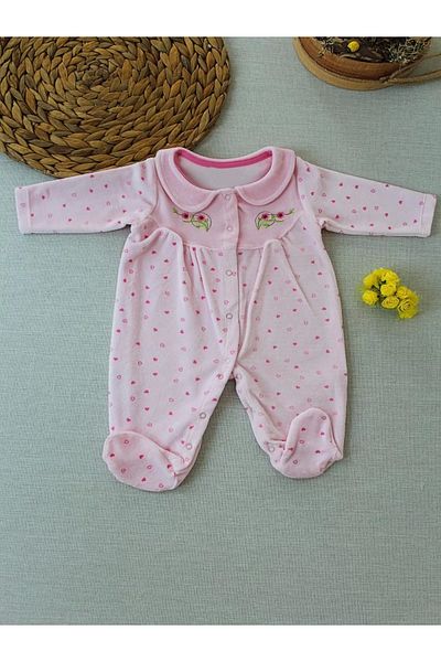 emosavm Pink Baby Girl Jumpsuit - Velvet with Floral Embroidery and Heart Pattern