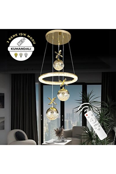 Sanctum Arden Gold Lüks Kumandalı Dimmerli 3 Renk Ledli Avize - Modern ve Gö...