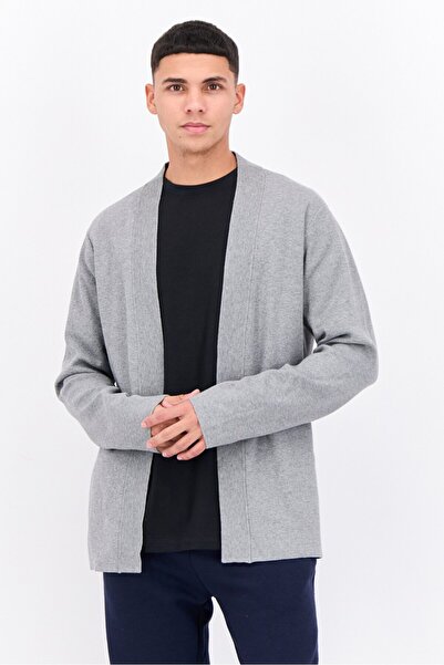 Perry Ellis Men Split Neck Heather Long Sleeves Cardigan, Grey