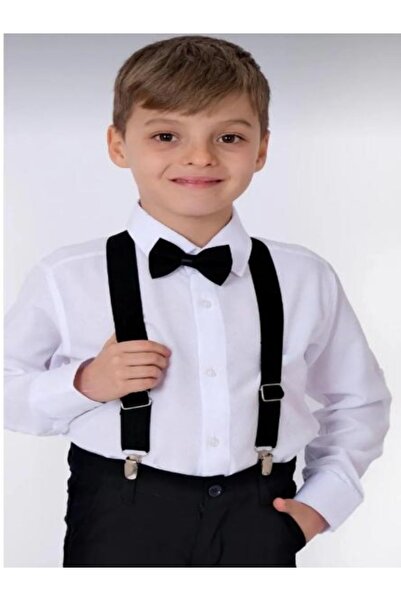 Nacar Erkek Çocuk Uzun Kollu Beyaz Gömlek, Papyon ve Salopet Askı 3'lü Takım