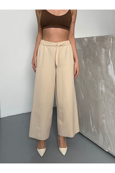 COMBİNE MİCHAİL Pantaloni Palazzo de damă cu centură din lycra, bej, cu talie elastică