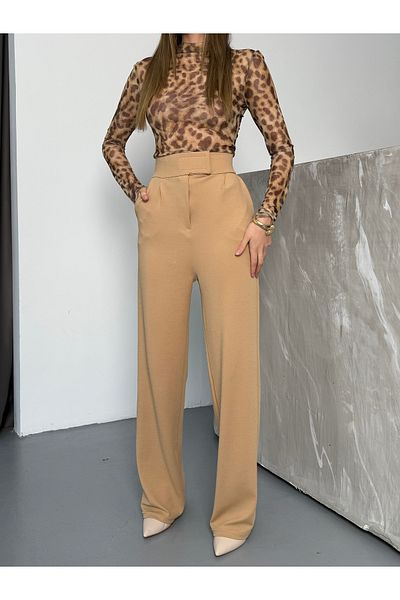 COMBİNE MİCHAİL Γυναικείο παντελόνι Palazzo με κλείσιμο με Velcro Lycra Line Caramel