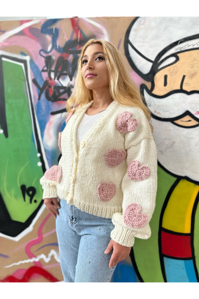 EMAKROME سترة نسائية محبوكة يدويًا على شكل قلب