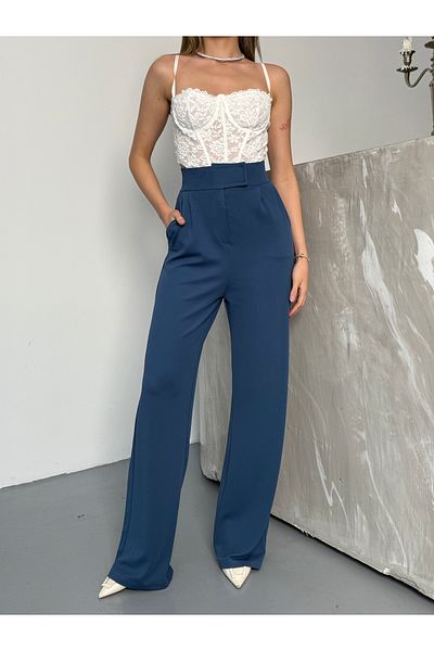 COMBİNE MİCHAİL Γυναικείο παντελόνι Palazzo Blue Line Lycra Velcro Κλείσιμο