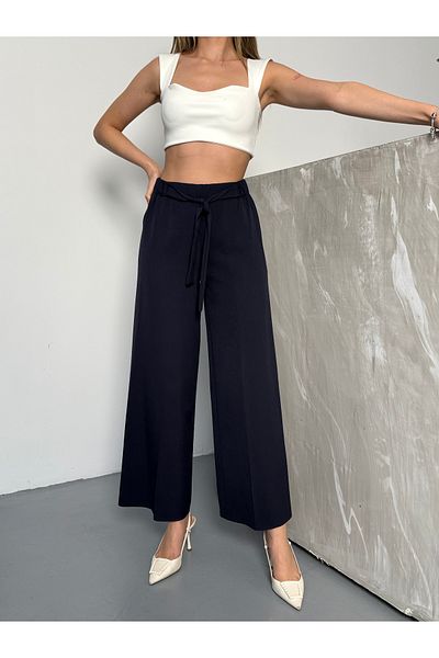 COMBİNE MİCHAİL Women's Lycra Belted Navy Blue Elastic Waist Palazzo Trousers