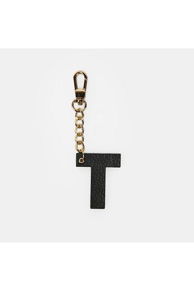 Desa Letter t Black Genuine Leather Charm Keychain