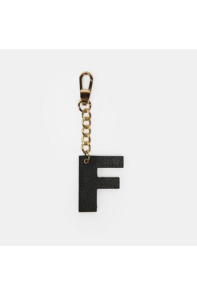 Desa Letter F Black Genuine Leather Charm Keychain