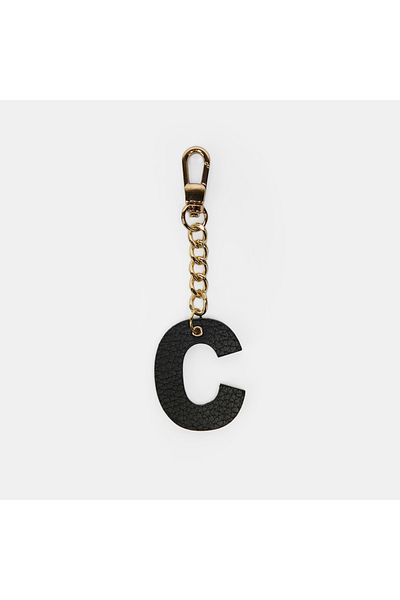 Desa Letter C Black Genuine Leather Charm Keychain