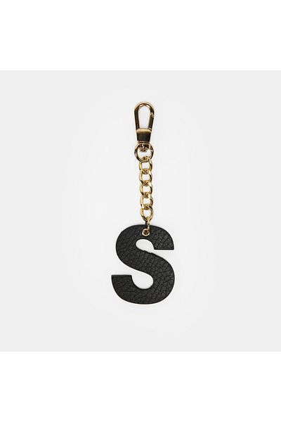 Desa Letter S Black Genuine Leather Charm Keychain