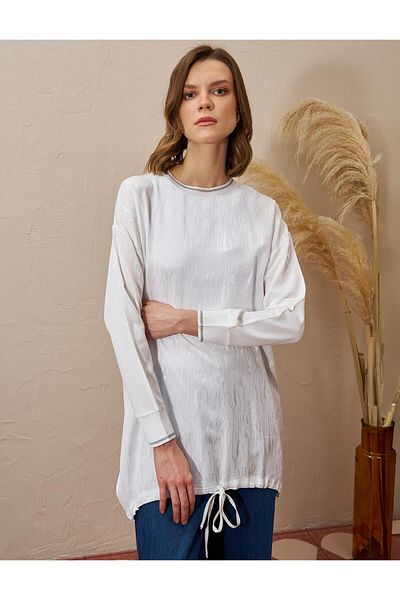 Kayra Ecru Color Abstract Patterned Knitted Tunic