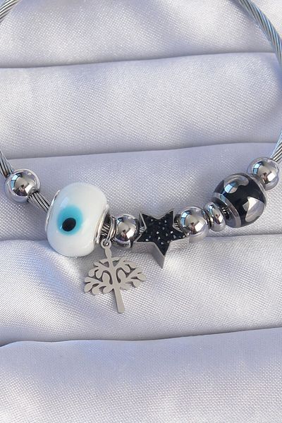 Mu Art Ahşap 316L Steel Silver Color Black Zircon Stone Star Design Tree Detail Evil Eye Charm Bracelet