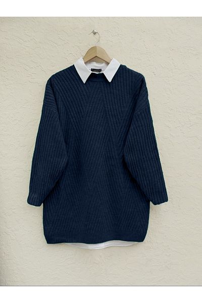 Modamorfo Diamond Patterned Knitted Knitwear Tunic - Navy