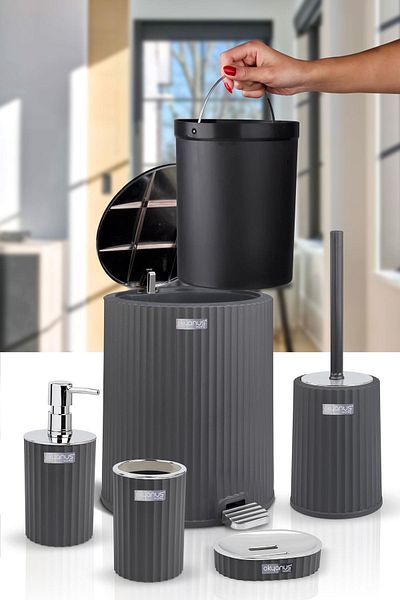 Okyanus Home Σετ μπάνιου Coliseum Anthracite Chrome 5 τεμαχίων με εσωτερικό κάδο και πεντάλ