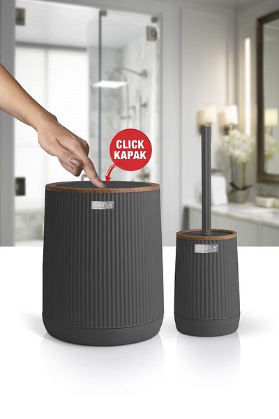 Okyanus Home Σετ κουβά και βούρτσα WC 2 τεμαχίων Nida Anthracite Wood Pattern Eco