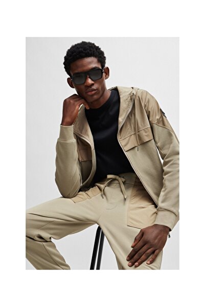 BOSS Karışık malzemeden normal kesim fermuarlı kapüşonlu