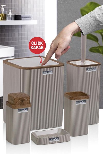Okyanus Home Σετ μπάνιου Stella Mink με Ξύλινο Σχέδιο Ριγέ 5 τεμαχίων