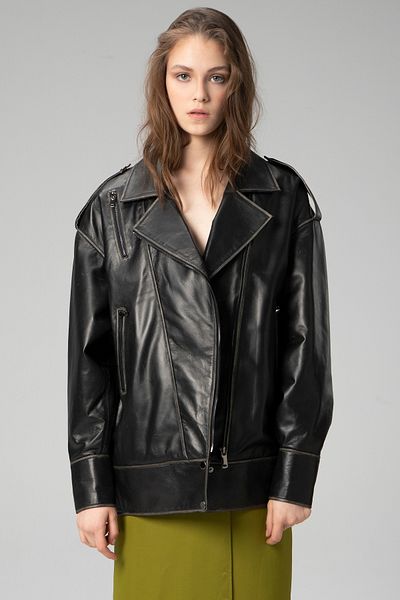 Dericlub Wm019 Oversize Biker - Genuine Leather Black/Beige Women's Coat
