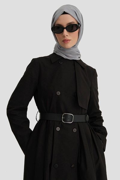 Armine Black Top Coat - Pleated and Belted, 24K8002 Model