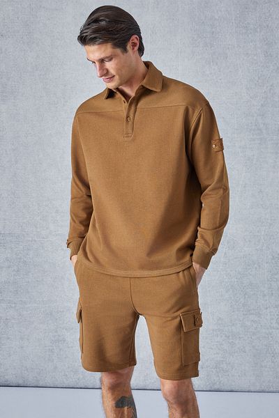 GRIMELANGE Aatrox Men's Polo Collar Placket Buttoned Long Sleeve Regular Fit Embroidery Detailed Dark Brown Sweatshirt
