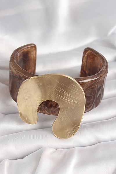 TT Tahtakale Toptancıları Brown Marble Pattern Acrylic Plastic Gold Nappy Model Plate Vintage Women's Bracelet