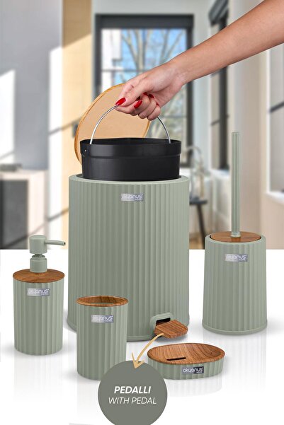 Okyanus Home Σετ μπάνιου Coliseum Green Ξύλινο Σχέδιο 5 τεμαχίων με κουβά και πεντάλ