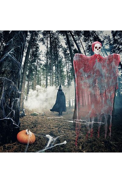 Mu Art Creepy Skull Bloody Horror Ghost Fringed Decor with Led Lighted Laughing Sound Sensor 90X50