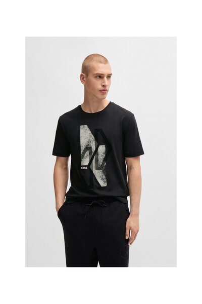 BOSS Mevsimlik desenli interlok pamuklu kumaştan normal kesim tişört